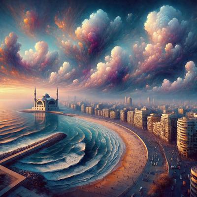 The primary subject of the image is a beach scene with a large building in the background. The setting is a beach with a body of water, and the visual style is a painting or digital art. The colors and mood of the image are vibrant and lively, with a focus on the beach and the large building.